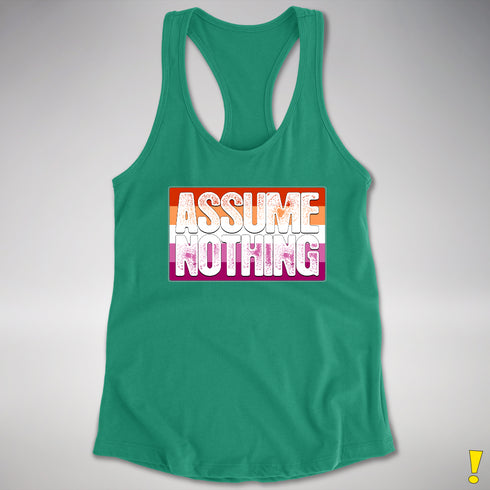 Assume Nothing Lesbian Pride Flag Racerback Tank - Kelly Green